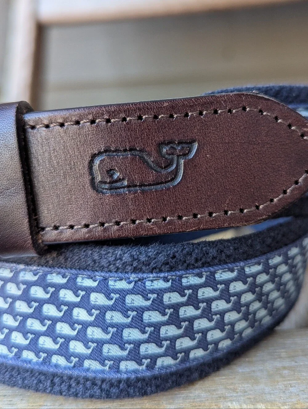 Vineyard Vines Vineyard Whale Canvas Club Belt Size 30 Brown Leather Blue Whale
